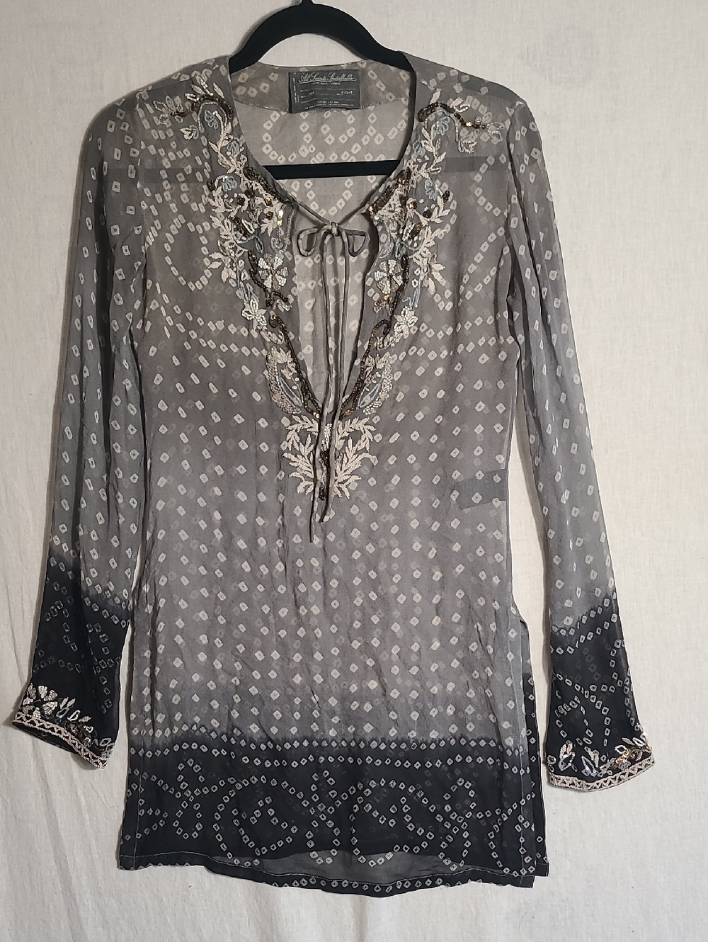 All Saints Spitalfields Gray Embroidered & Beaded Tie-Neck Gauze Tunic Size 8